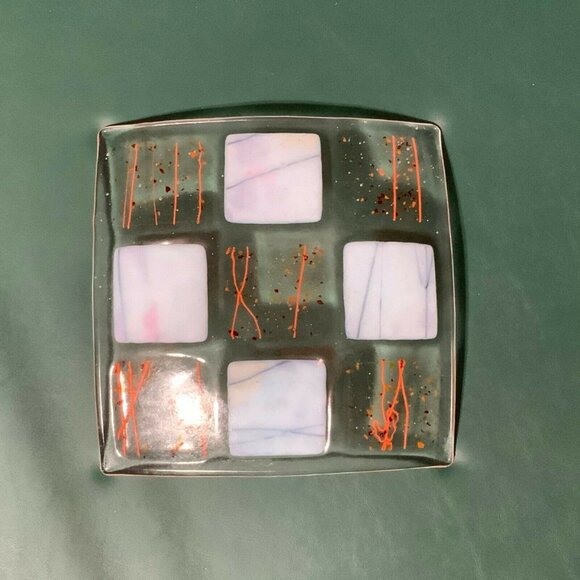 Set Of 4 Modern Fused Glass Plates - 8" Square Multicolor Abstract Decor Pattern - Picture 6 of 8